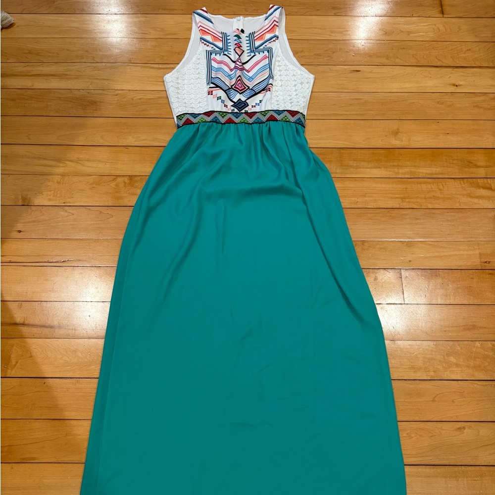 Teal and White Maxi Dress with Geometric Pattern